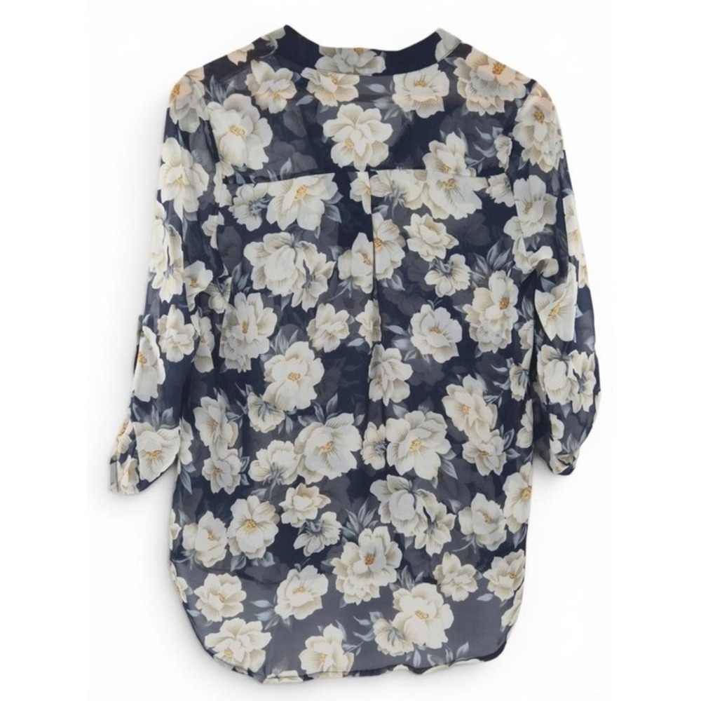 Navy Ivory Floral Sheer Tunic Blouse M 3/4 Roll-Tab Sleeve High-Low Cottagecore - Picture 3 of 10